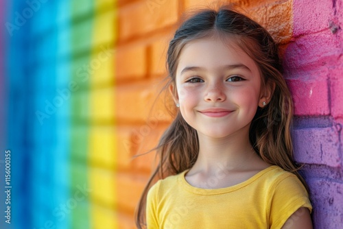 Young girl with ponytail smiling while gazing at colorful wall in bright sunl...