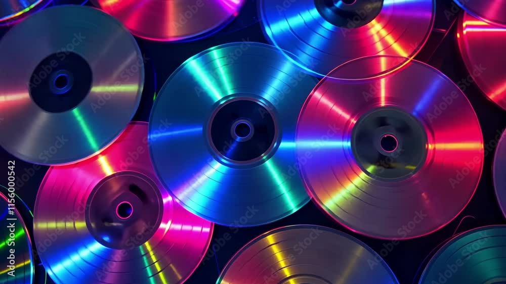Assortment of shiny compact discs reflecting a spectrum of colors in a pattern, symbolizing data storage