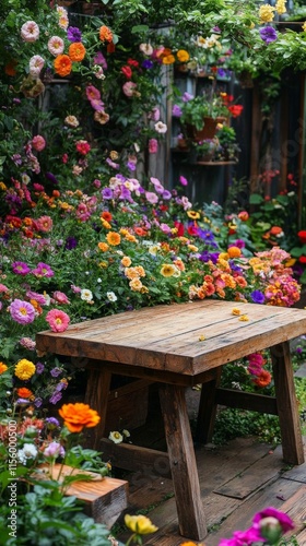 Vibrant flower garden with wooden table in a cozy outdoor setting