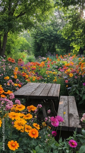 Vibrant flower garden with wooden table in a cozy outdoor setting
