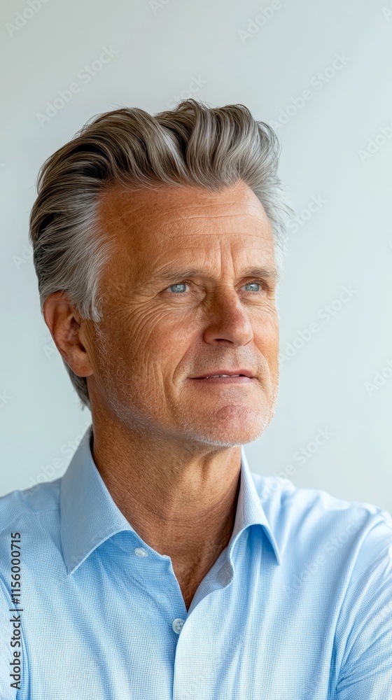 Fototapeta premium A man in a blue shirt looking away from the camera