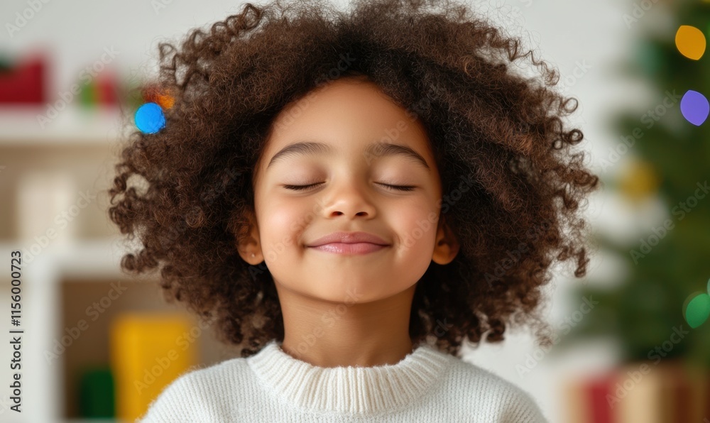 Portrait of a young girl smiling with eyes closed, in a cozy home setting during the holiday season. Portrait of a young girl smiling with eyes closed, in a cozy home setting during the holiday season.