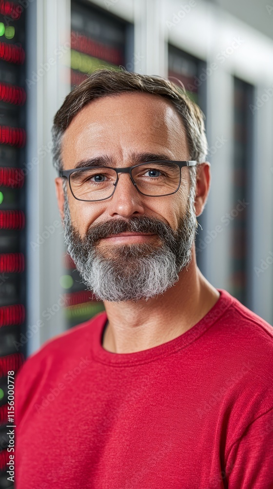 Obraz premium A man with a beard and glasses standing in front of a server