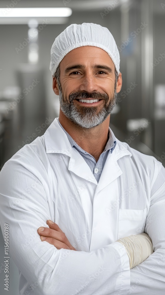 A man in a white lab coat and a white hat smiles at the camera A man in a white lab coat and a white hat smiles at the camera