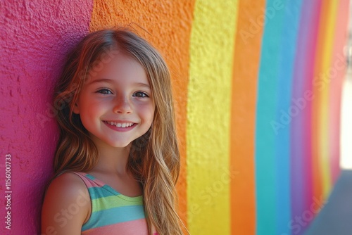 Young girl with ponytail smiling while gazing at colorful wall in bright sunl...