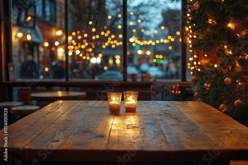 Romantic outdoor dining setup with string lights and a potted plant in the ev...
