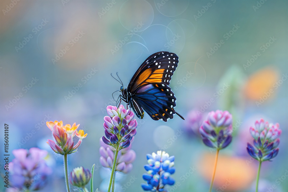 Fototapeta premium Butterflies flit among vibrant wildflowers in a lush meadow nature photography serenity