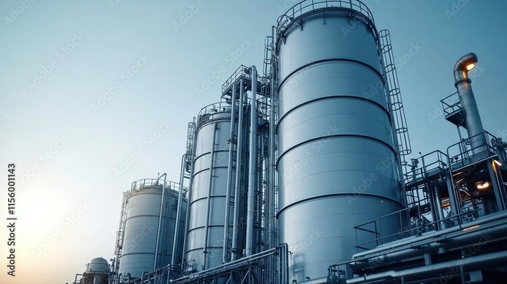 Industrial silos and metal structures of a refinery plant under a blue sky at sunrise. Manufacturing and storage concept Industrial silos and metal structures of a refinery plant under a blue sky at sunrise. Manufacturing and storage concept