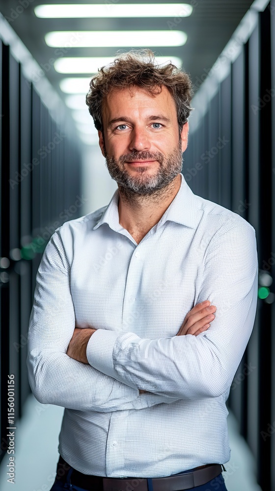 Fototapeta premium A man standing in a server room with his arms crossed