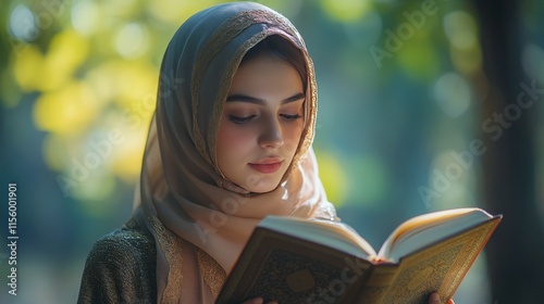 Young woman reading a book while wearing a colorful scarf in a tranquil indoo...
