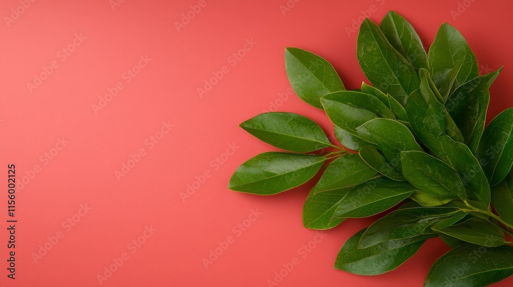 Fototapeta premium A bunch of green leaves on a red background