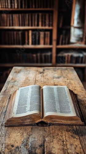 Antique book rests on wooden table in cozy library filled with shelves of cla...