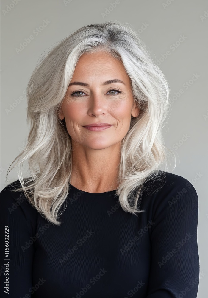 Naklejka premium A woman with long gray hair and a black top