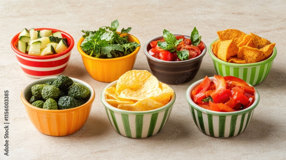 Colorful Dipping Bowls with Snacks and Fresh Vegetables on Table Colorful Dipping Bowls with Snacks and Fresh Vegetables on Table