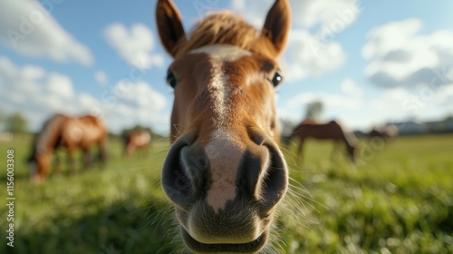 Close-up of a horse nose with other horses grazing in a green field under a blue sky. Animal portrait photography.