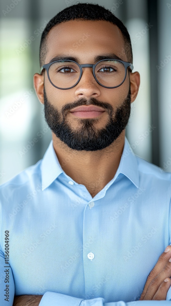 Fototapeta premium A man with a beard and glasses standing with his arms crossed