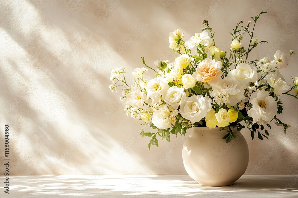 Delicate bouquet of white and pastel flowers in soft sunlight, c Delicate bouquet of white and pastel flowers in soft sunlight, c