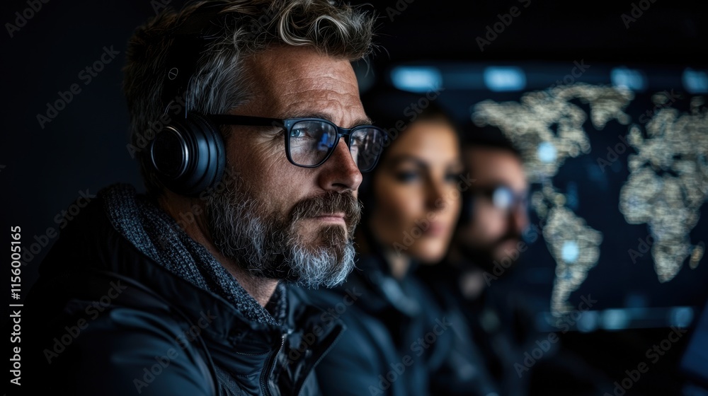 Team of professionals in a dark control room with a digital world map. Focus on man with headphones and glasses Team of professionals in a dark control room with a digital world map. Focus on man with headphones and glasses