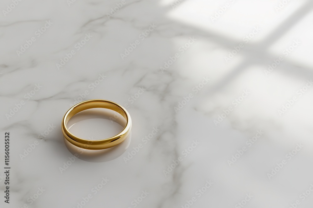 Elegant gold wedding band resting on marble surface, soft shadow Elegant gold wedding band resting on marble surface, soft shadow