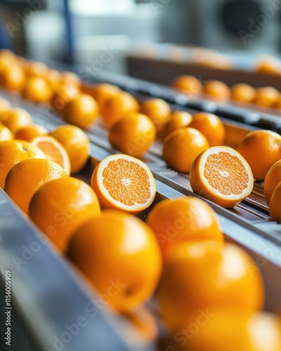 Fresh oranges on a conveyor belt, some whole and some cut in half for processing. photo