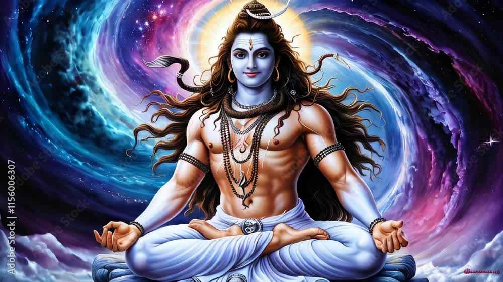 Lord Shiva meditating in front of a cosmic swirling background. Vibrant depiction of spirituality and divine energy.