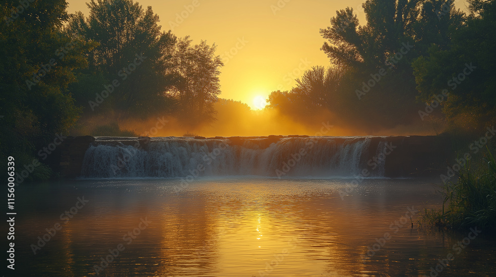 Golden sunrise illuminates tranquil waterfall and serene river landscape Golden sunrise illuminates tranquil waterfall and serene river landscape