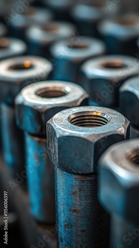 Close-up view of metal bolts aligned on precision machinery in a workshop set...