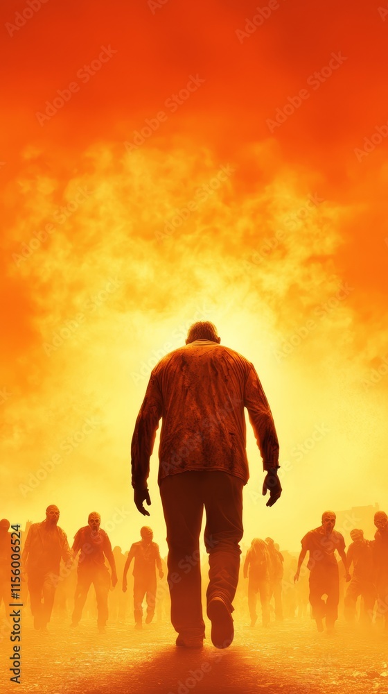 Fototapeta premium A man walking in front of a group of zombies