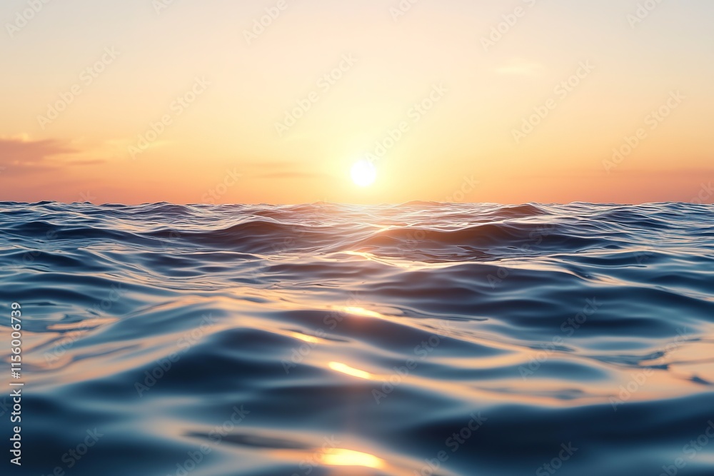 Sunset casts warm hues over calm ocean waves, creating serene at Sunset casts warm hues over calm ocean waves, creating serene at