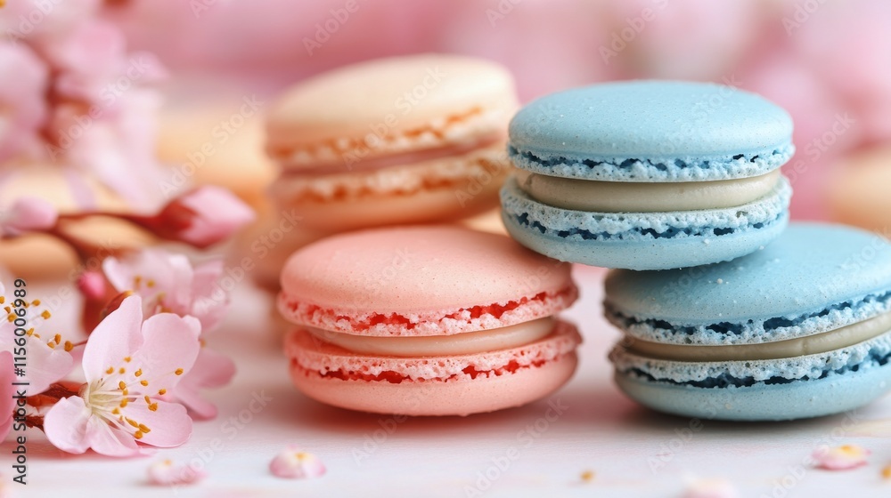 Obraz premium Colorful macarons arranged on a decorative surface with cherry blossom branches