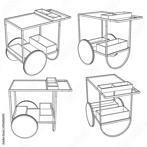 Food Trolley Tray on Cart. Vector Illustration Isolated on White Background. Perfect for Restaurant Menus, Catering Services, Hotel Brochures, and Kitchenware Branding.