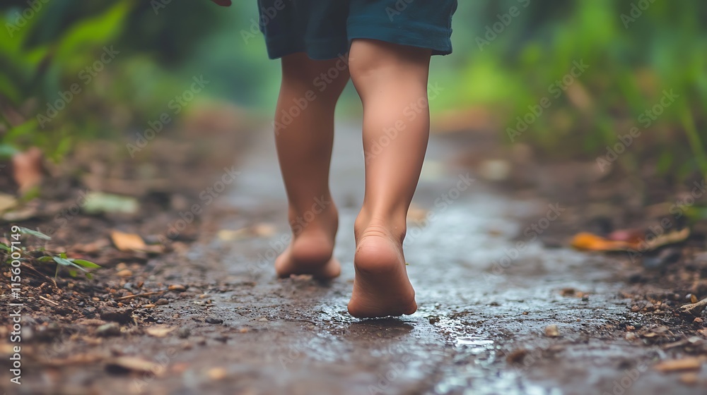Barefoot child walking on a muddy path in nature. Barefoot child walking on a muddy path in nature.
