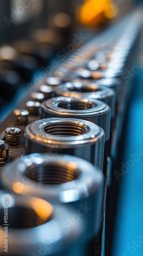 Close-up view of metal bolts aligned on precision machinery in a workshop set...