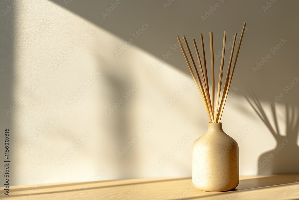 Minimalist vase with reed sticks casts soft shadows on wall, enh Minimalist vase with reed sticks casts soft shadows on wall, enh