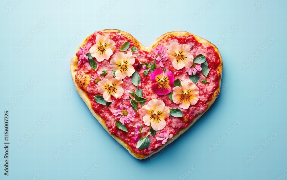 Fototapeta premium A heart-shaped pizza with vibrant pink sauce and edible flower toppings, artistically floating mid-air on a pastel blue background for Saint Valentines Day