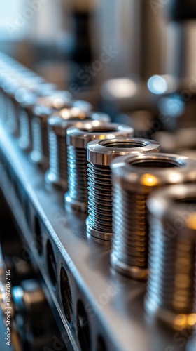 Close-up view of metal bolts aligned on precision machinery in a workshop set...