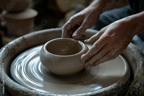 Hands skillfully shape soft clay into delicate bowl on pottery w photo