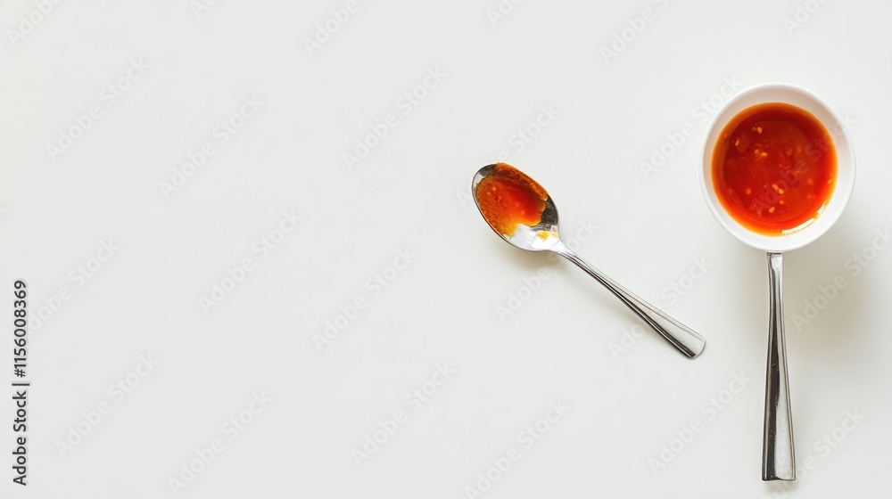 Red Sauce in Bowl and Spoon on Bright White Background Red Sauce in Bowl and Spoon on Bright White Background