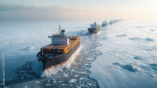 Cargo ships navigating through icy waters in arctic environment photo