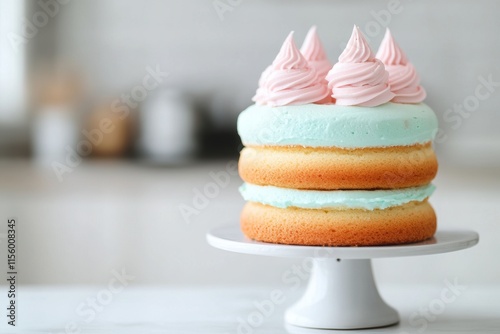 easter cake display, pastel frosted fluffy easter cakes displayed on a tiered stand in a bright, spring-themed modern kitchen photo