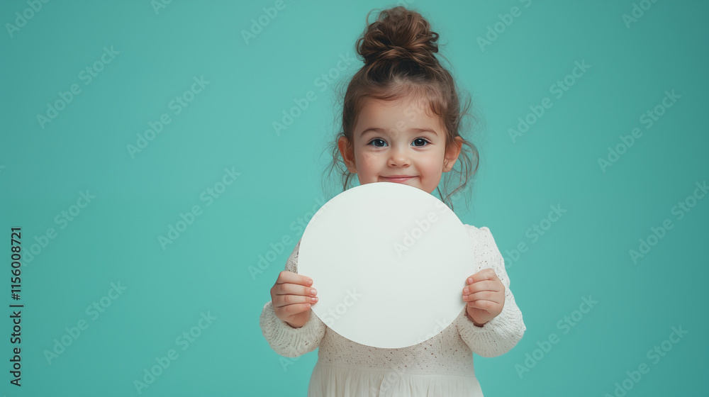 Smiling Little Girl Holding Blank Round Sign on Aqua Background Smiling Little Girl Holding Blank Round Sign on Aqua Background