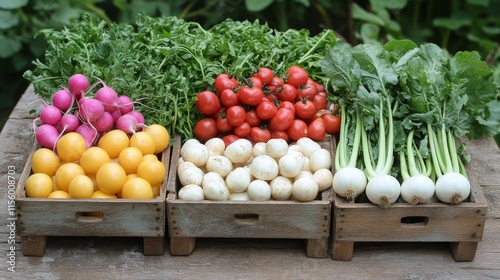 Freshly harvested vegetables displayed in wooden crates at a garden during go...
