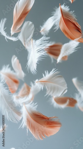 Colorful feathers in various shades scattered on a light background