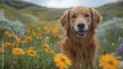Happy golden retriever enjoying a sunny day in a vibrant wildflower meadow