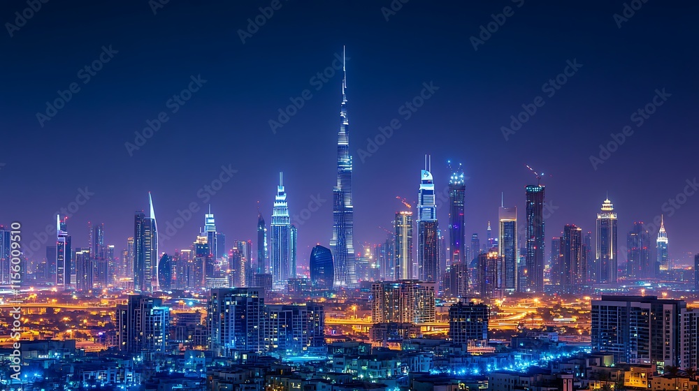 Fototapeta premium Night skyline view of Dubai's skyscrapers and buildings.