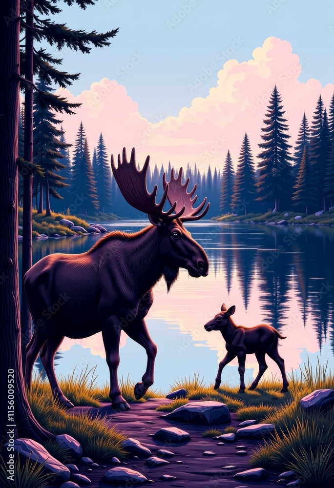 Serene Boreal Forest Lake with Wandering Moose Calf, Ideal for Vaporwave Digital Art or Editorial Use, Copy Space for Text for printing on a T-shirt Serene Boreal Forest Lake with Wandering Moose Calf, Ideal for Vaporwave Digital Art or Editorial Use, Copy Space for Text for printing on a T-shirt
