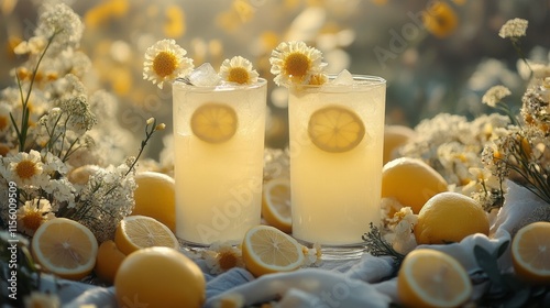 Elegant garden setting with floral arrangements and refreshing drinks during ...