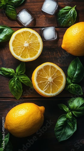 Fresh lemons and mint leaves arranged with ice on a rustic surface