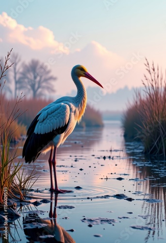 Realistic stork chick in marshland, wetland setting, side angle, misty morning light, text space, vaporwave aesthetics for printing on a T-shirt