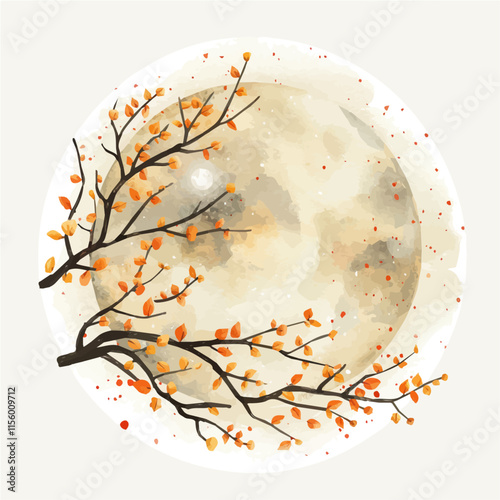 A watercolor drawing of a full moon shining through autumn branches, isolated on a white background. Autumn branches vector.
